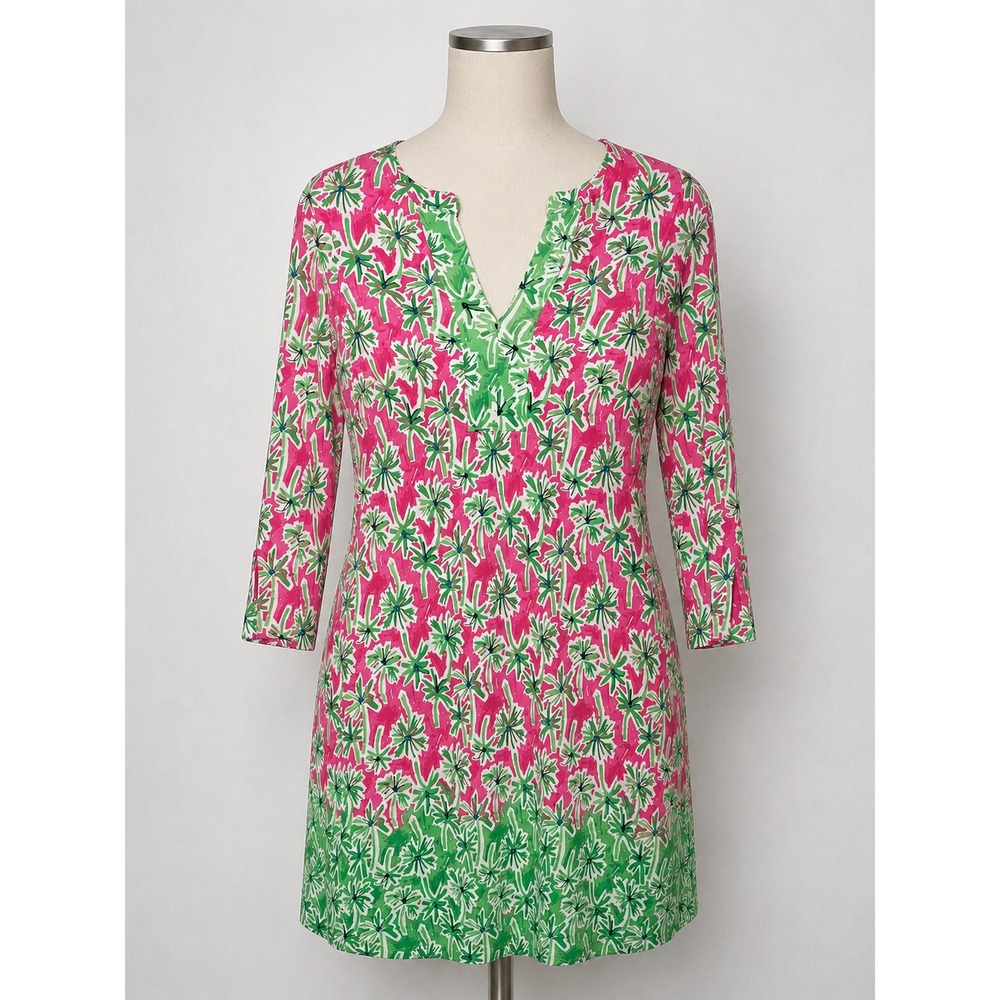 Crown & Ivy Pink Green Palm Tree Tropical Split V-Neck 3/4 Sleeve Shift Dress S